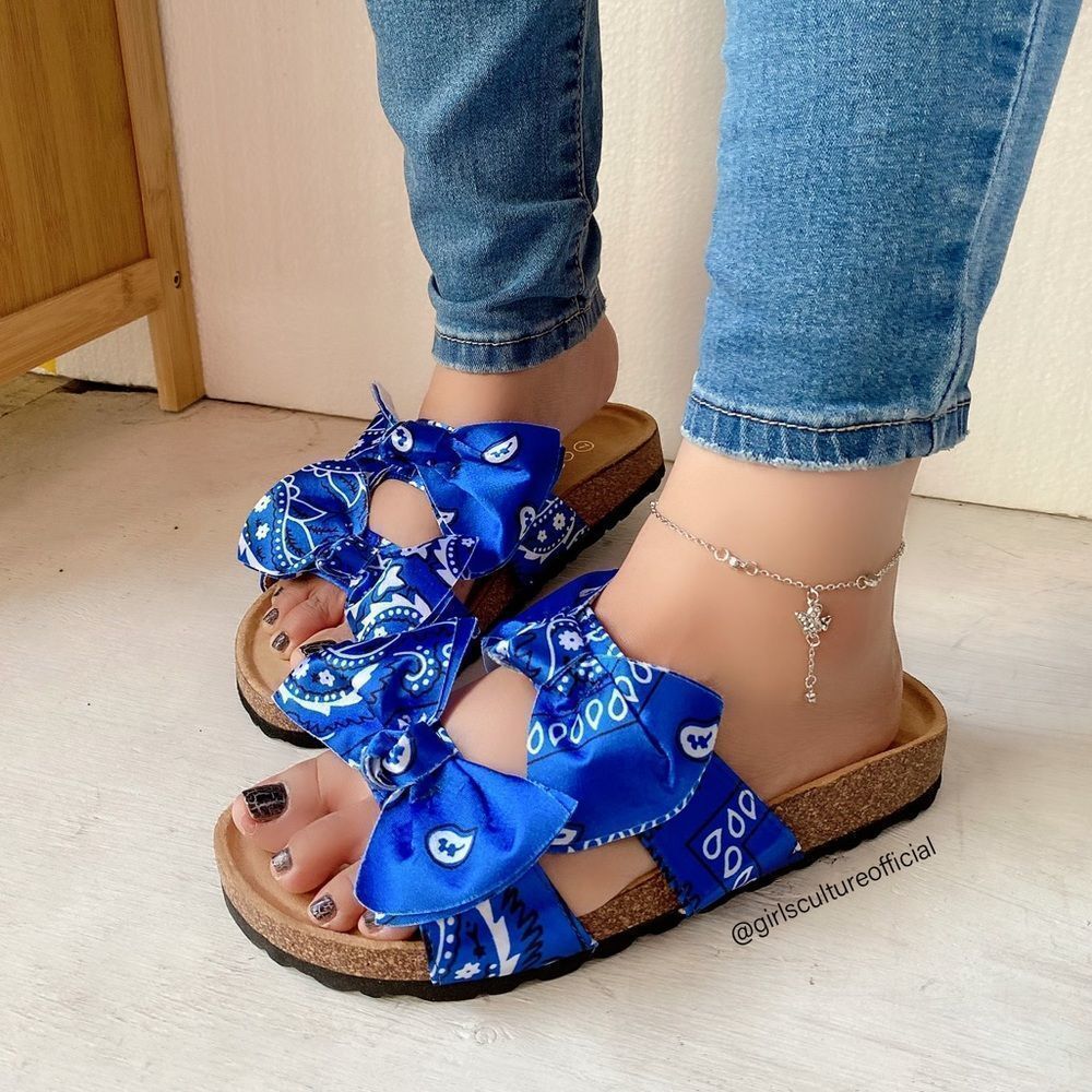 Blue Bandana Double Bow Slides Sandals - Picture 2 of 5